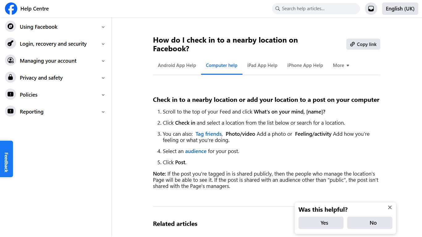 How do I check in to a nearby location on Facebook? | Facebook Help Centre
